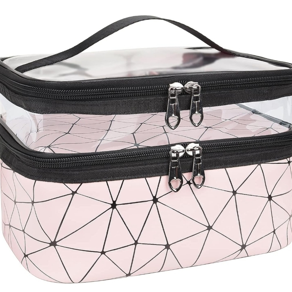 MKPCW Pink Double-Layer Makeup Bag – 1.96" Top Height, 3.96" Bottom Height